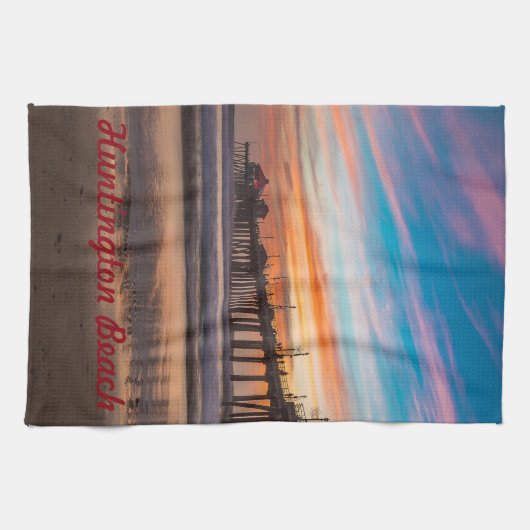 Huntington Beach Pier bij zonsondergang Theedoek (Horizontaal)