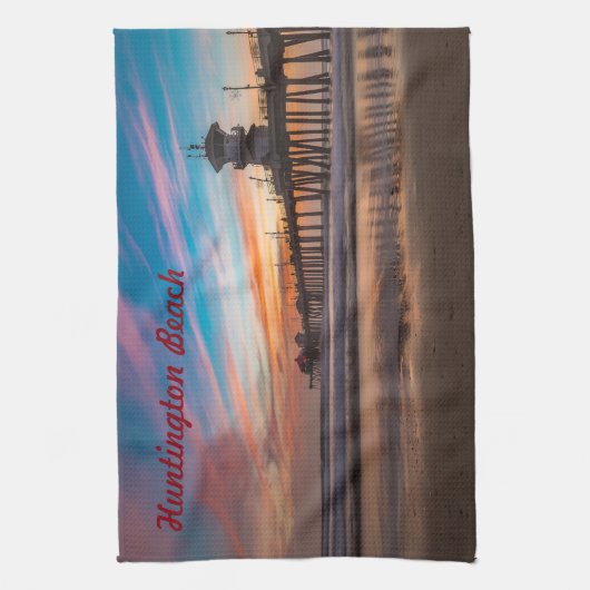 Huntington Beach Pier bij zonsondergang Theedoek (Verticaal)