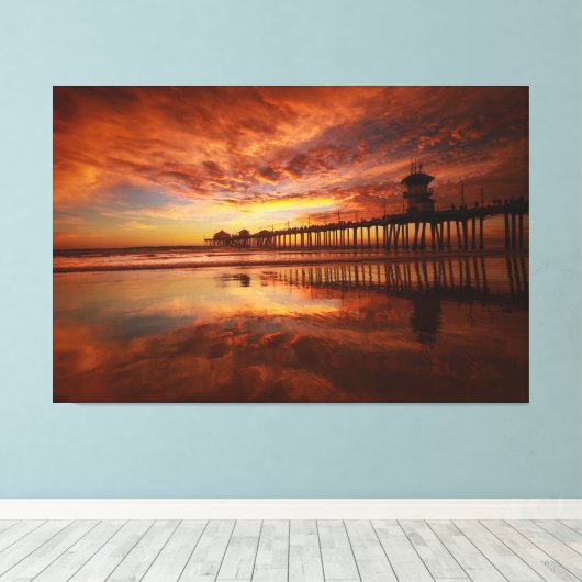 Huntington Beach Pier Zonsondergang - John Minar Canvas Afdruk (Insitu (Houten vloer))