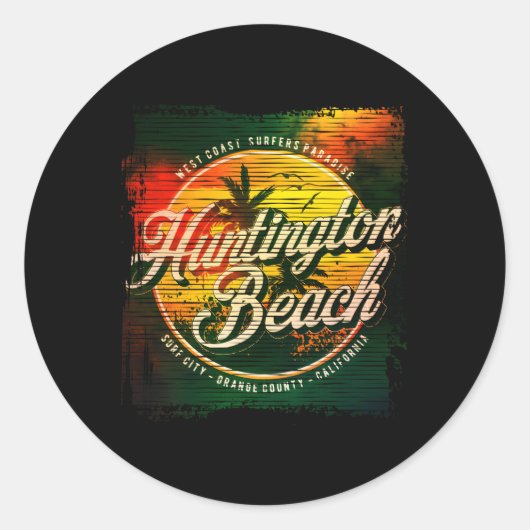 Huntington Beach Verouderde Waterverf Ronde Sticker (Voorkant)