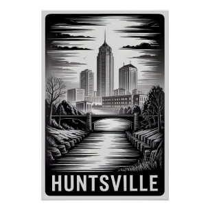 Huntsville Alabama Silhouette Zwart Wit Houtsnede Perfect Poster