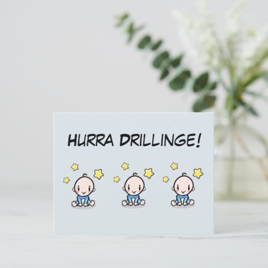 Hurra Drillinge, Glückwunsch Geburt, 3 Jungs,   Briefkaart (Staand voorkant)