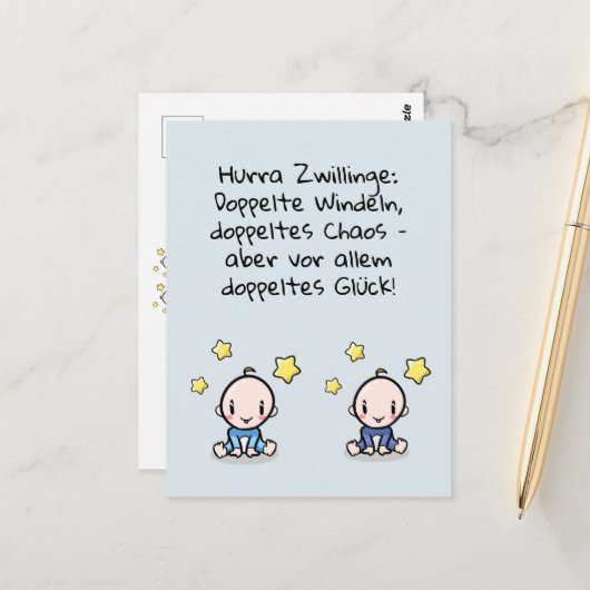 Hurra Zwillinge, Glückwunsch Geburt, 2 Jungs, Briefkaart (Voorkant / Achterkant in situ)