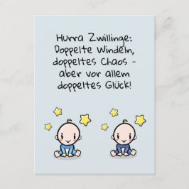 Hurra Zwillinge, Glückwunsch Geburt, 2 Jungs, Briefkaart