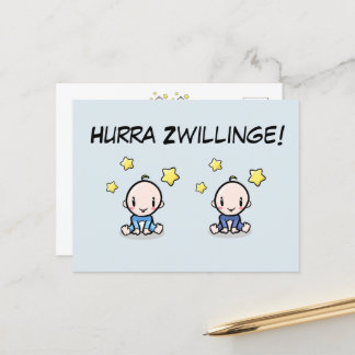 Hurra Zwillinge, Glückwunsch Geburt, 2 Jungs,   Briefkaart