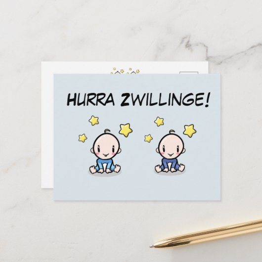 Hurra Zwillinge, Glückwunsch Geburt, 2 Jungs,   Briefkaart (Voorkant / Achterkant in situ)