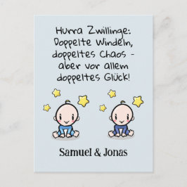 Hurra Zwillinge, Glückwunsch Geburt, mit Namen,   Briefkaart