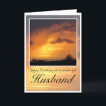 Husband Birthday, Bright Sun Behind Dark Clouds. Kaart<br><div class="desc">Happy Birthday Husband,  deep orange sun glowing behind dark,  wispy rain clouds with black text saying,  'Happy Birthday to a wonderful husband'</div>