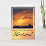 Husband Birthday, Bright Sun Behind Dark Clouds. Kaart<br><div class="desc">Happy Birthday Husband,  deep orange sun glowing behind dark,  wispy rain clouds with black text saying,  'Happy Birthday to a wonderful husband'</div>