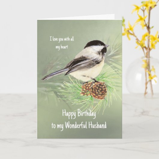 Husband Birthday Love my Heart Chickadee Bird Kaart (Gele Bloem)