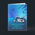 Husband Birthday Motorbike Kaart<br><div class="desc">Fijne verjaardag echtgenoot kaart met een motor. Een perfecte kaart voor een fietser. Een blauwe motorfiets met een gestileerde zonsondergang en vliegende vogels. Elke fietsenliefhebber zal graag zo'n kaart krijgen.</div>