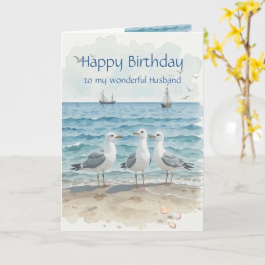 Husband Birthday, Romantic, Seagull Beach, Shore Kaart (Gele Bloem)