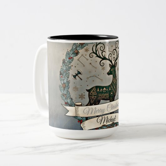 Husband Christmas Mug – Personalized Reindeer Tweekleurige Koffiemok (Voorkant links)
