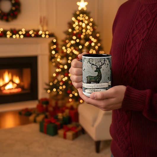 Husband Christmas Mug – Personalized Reindeer Tweekleurige Koffiemok