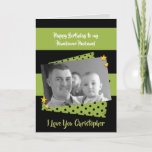 Husband green & black Birthday foto greeting Kaart<br><div class="desc">Personalize this Birthday Card for your Husband. Designed in black and lime green with polka dots,  gold stars and hearts. Replace the foto with your own,  add his name,  and change the text to suit. **Samplefoto's ©Lynnrosedesigns**</div>