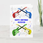 Husband Guitars Birthday Card Kaart<br><div class="desc">Een mooie verjaardagskaart voor een man. Elektrische gitaarkleurige kunst met een muziekschaal op de achtergrond. Je kunt niet te veel gitaren hebben. Een heel coole gitaarverjaardagskaart,  viert de energie en de pure lol van dit muziekinstrument. Een perfecte verjaardagskaart voor gitaristen en muziekliefhebbers.</div>