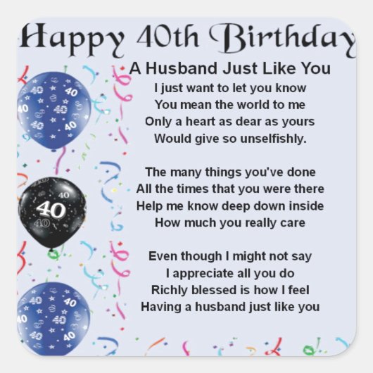 Husband Poem - 40th Birthday Vierkante Sticker (Voorkant)