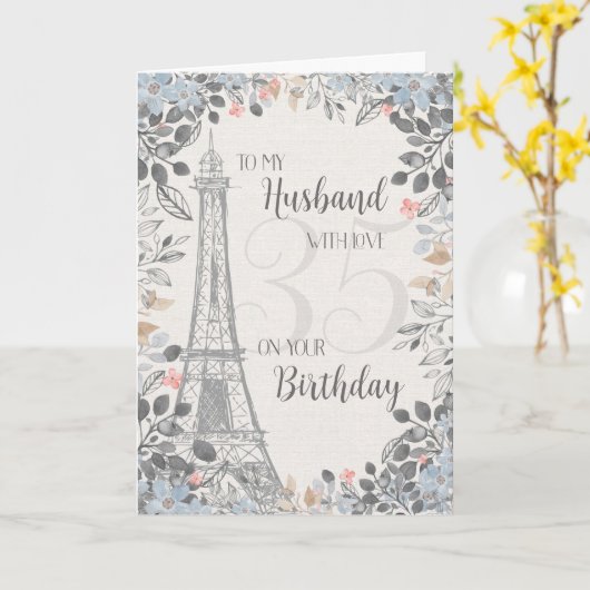 Husband Romantic 35th Birthday Eiffel Tower Kaart (Gele Bloem)