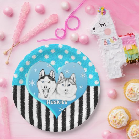 Huskies blauw patroon papieren bordje (Feest)
