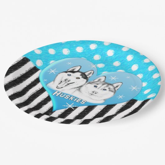 Huskies blauw patroon papieren bordje (Gekanteld)