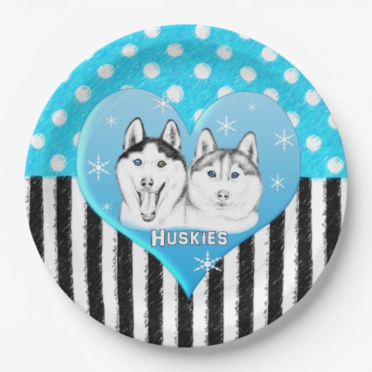 Huskies blauw patroon papieren bordje (Voorkant)