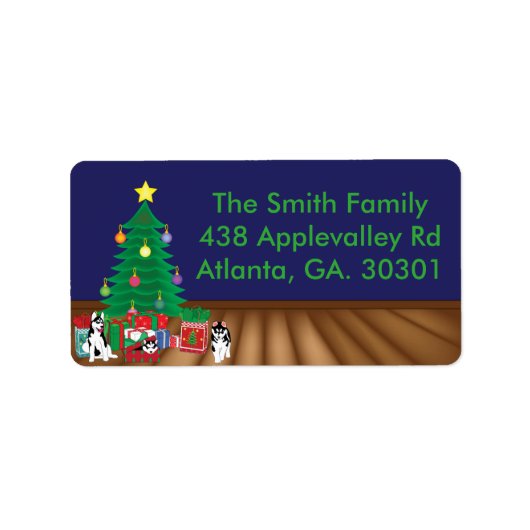 Huskies spelen onder de kerstboom Kaart Etiket (Voorkant)