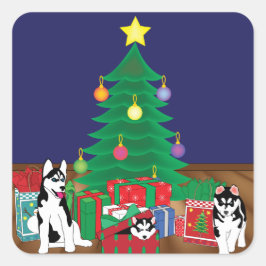 Huskies spelen onder de kerstboom Kaart Vierkante Sticker