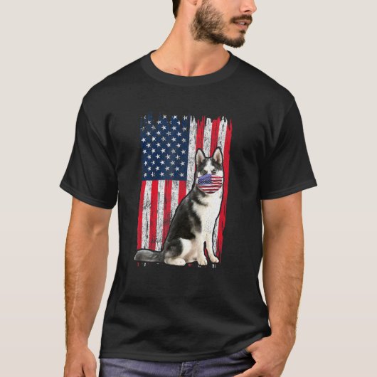 Husky Amerikaanse vlag hond draagt mondkapje 4th o T-shirt (Voorkant)