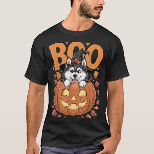 Husky Costume On Pumpkin Halloween Siberian Husky  T-shirt (Voorkant)