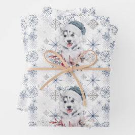 Husky Cute Blue Santa Hat Snowflakes kerst Inpakpapier Vel