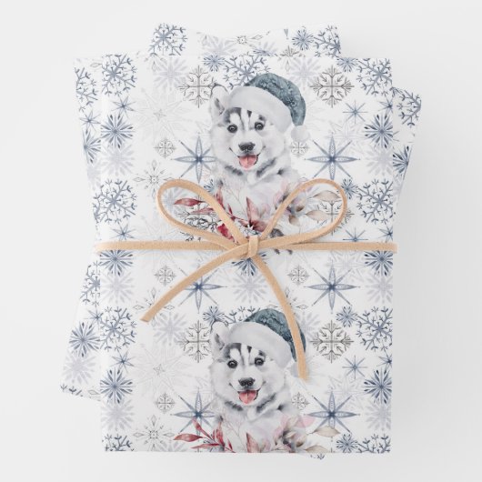 Husky Cute Blue Santa Hat Snowflakes kerst Inpakpapier Vel (In situ)