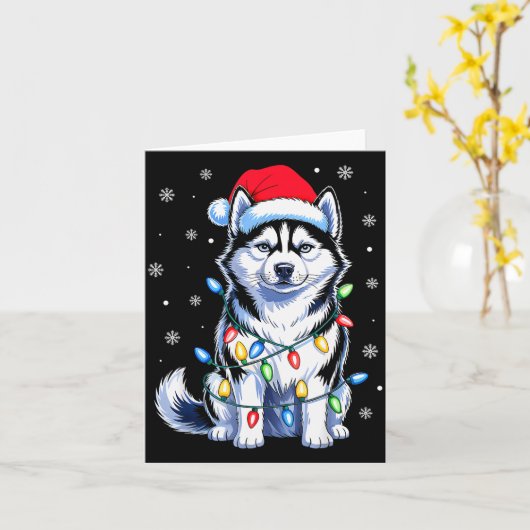 Husky Dog Christmas Lights Santa Hat Family Xmas P Kaart (Gele Bloem)