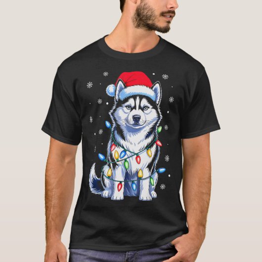 Husky Dog Christmas Lights Santa Hat Family Xmas P T-shirt (Voorkant)