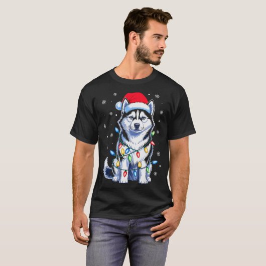 Husky Dog Christmas Lights Santa Hat Family Xmas P T-shirt (Voorkant volledig)