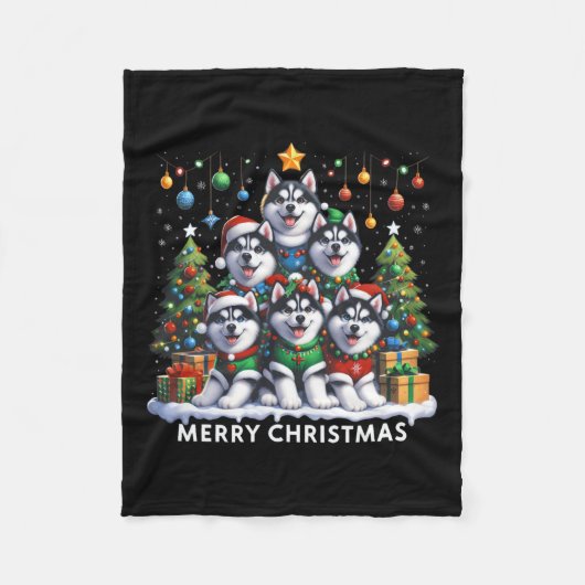 Husky Dog Christmas Tree Merry Christmas Matching Fleece Deken (Voorkant)