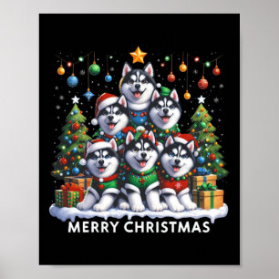 Husky Dog Christmas Tree Merry Christmas Matching Poster
