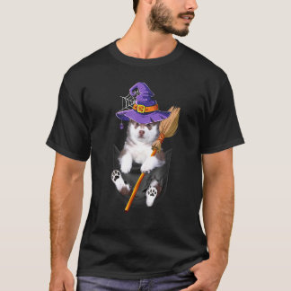 Husky Dog Collie Witch Broom Pocket Halloween T-shirt