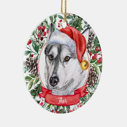 Husky Dog Custom Santa Hat kerstversiering Keramisch Ornament (Rechts)