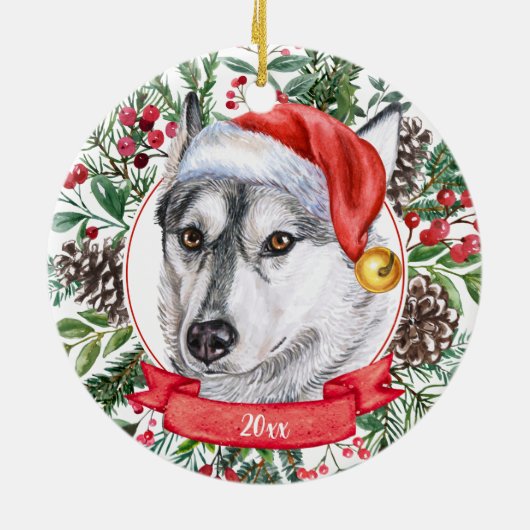 Husky Dog Custom Santa Hat kerstversiering Keramisch Ornament (Achterkant)