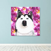Husky Dog en Rozen Single Wall Art Canvas Afdruk (Insitu (Houten vloer))