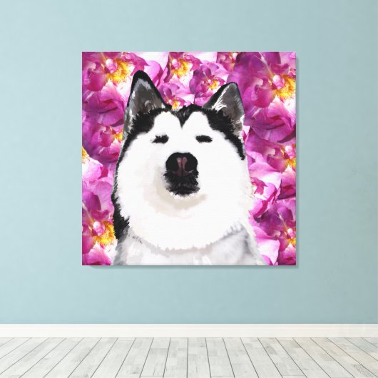 Husky Dog en Rozen Single Wall Art Canvas Afdruk (Insitu (Houten vloer))