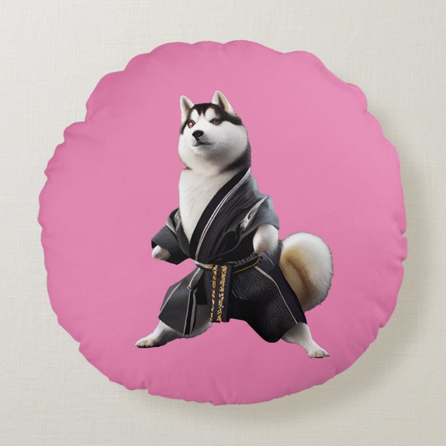 Husky Dog kent Karate, Husky Dog Karate Player Rond Kussen (Voorkant)