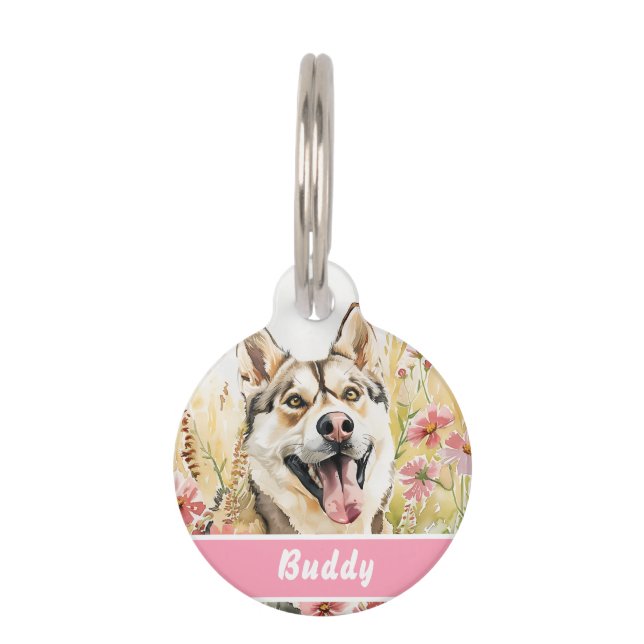 Husky Dog Label – Aangepaste Waterverf voor huisdi Huisdierpenning (Voorkant)