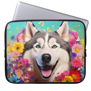 Husky Dog Laptop Bag met Bloemen Ontwerp Sleeve