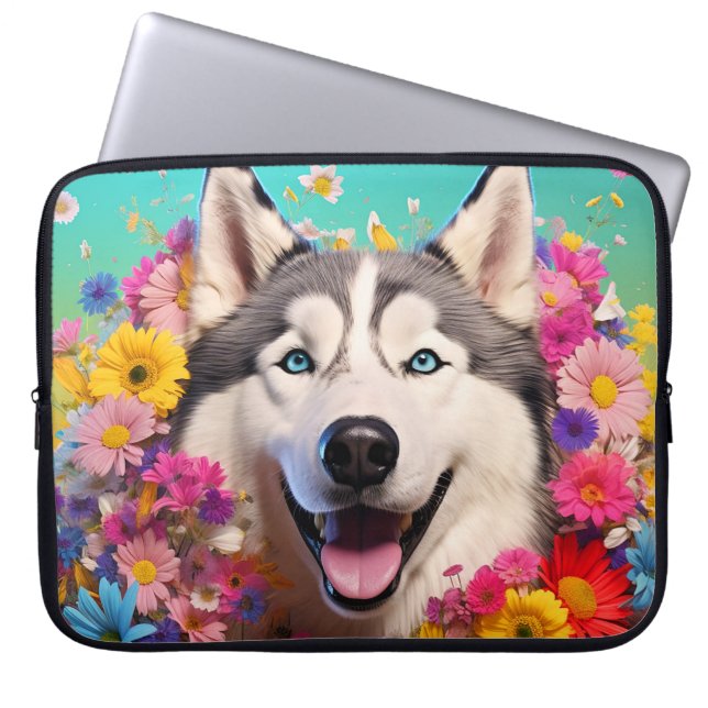 Husky Dog Laptop Bag met Bloemen Ontwerp Sleeve (Voorkant)