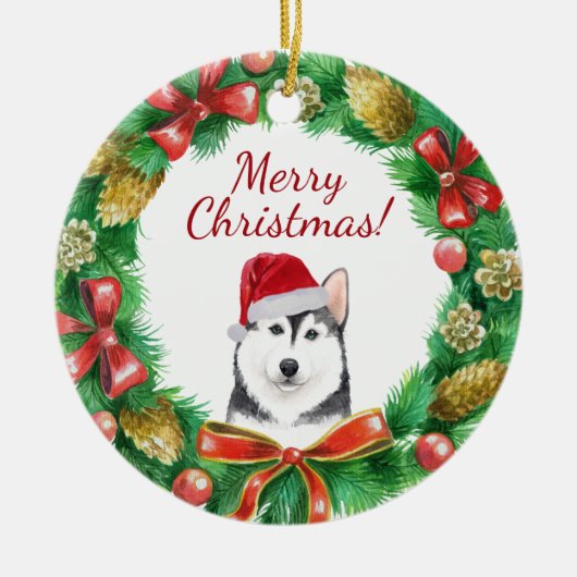 Husky Dog Merry kerstmis Keramisch Ornament (Voorkant)