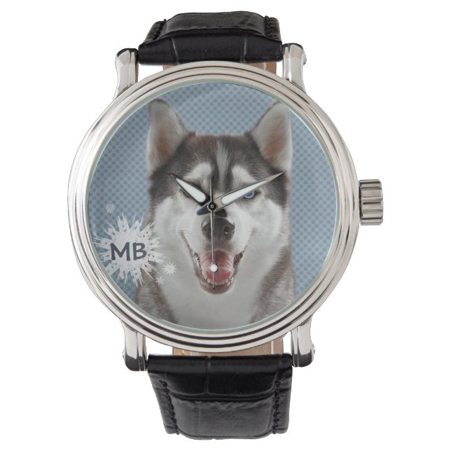 Husky Dog Monogram Foto Horloge (Voorkant)
