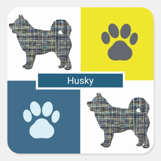 Husky Dog & Paw Y&B Grid Square Sticker (Voorkant)
