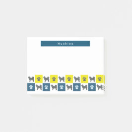Husky Dog & Paw Yellow & Blue Grid Silhouette Post-it® Notes
