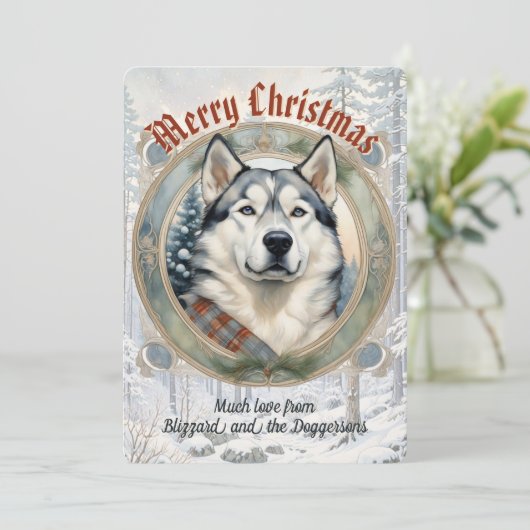 Husky Dog Pine Forest  stijl kerst Kaart (Staand voorkant)